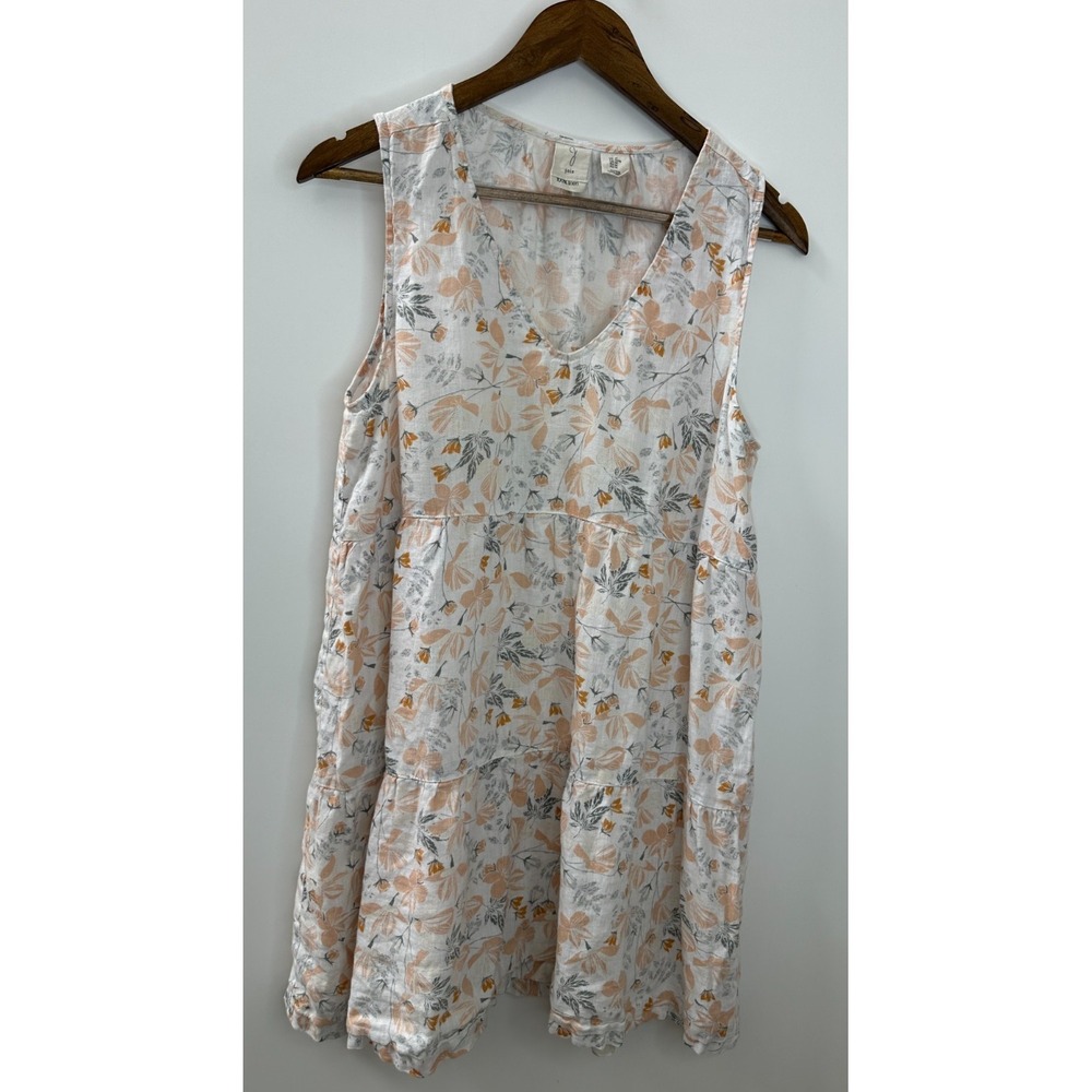 Joie Cream & Peach Floral 100% Linen Tiered Sleeveless V-Neck Mini Dress Medium - Picture 3 of 13